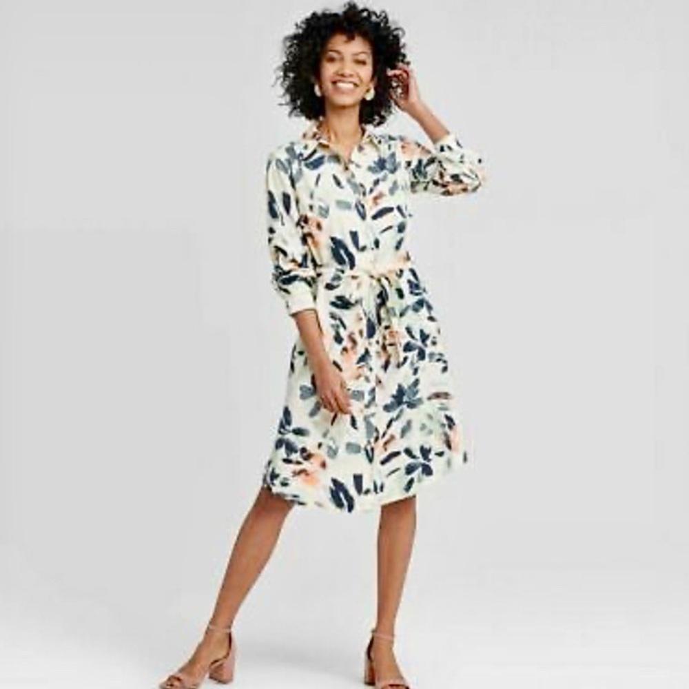 White Floral Long-Sleeve Button Down Dress